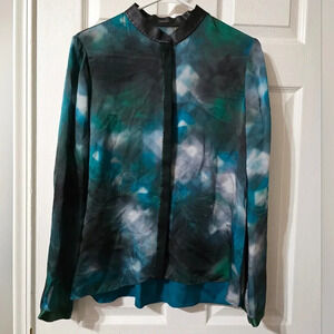 Elie Tahari 100% Silk Chelsea Blouse w/ Lamb Leather Trim, Button Front, EUC!